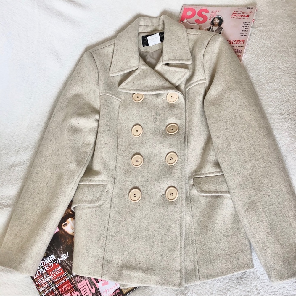 Wool Blend Double-Breasted Pea Coat - Cream